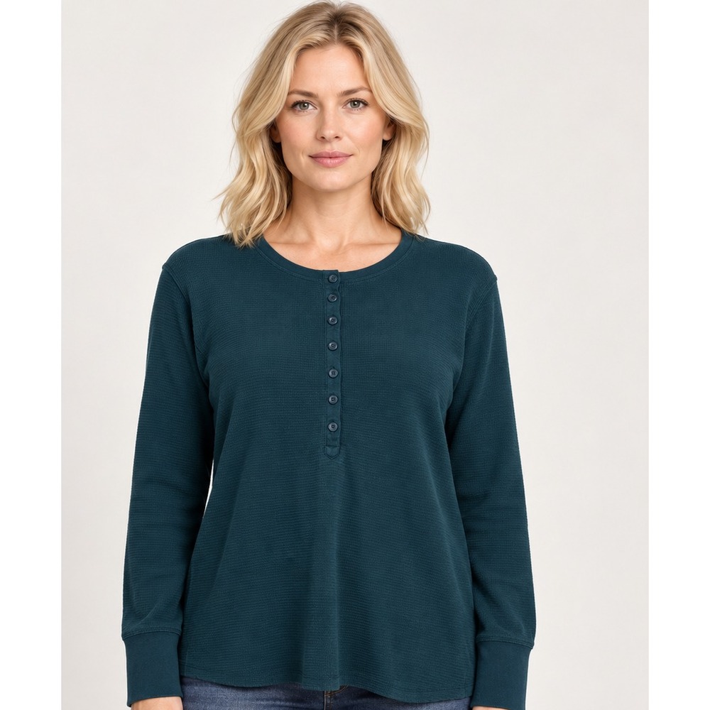 L.L.Bean Women's XL Petite Teal Cotton Henley Shirt Velvet Trim Long Sleeve